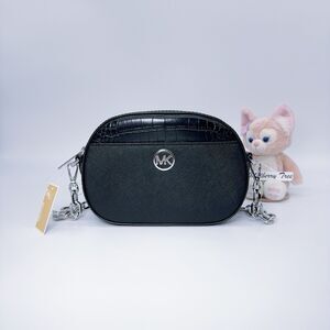 MICHAEL KORS JET SET GLAM Small Oval Crossbody Embossed Leather Black NWT $448